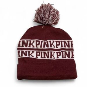Pink Victoria’s Secret Dark Red Logo Graphics Pom Pom Beanie